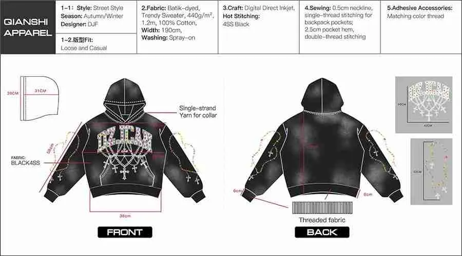 a rhinestone hoodie tech pack design form qianshiwear