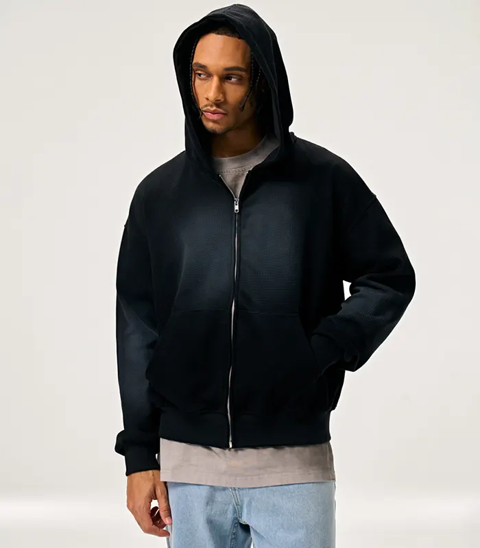 Production 107 Custom black zip-up hoodie with spray gradient effect