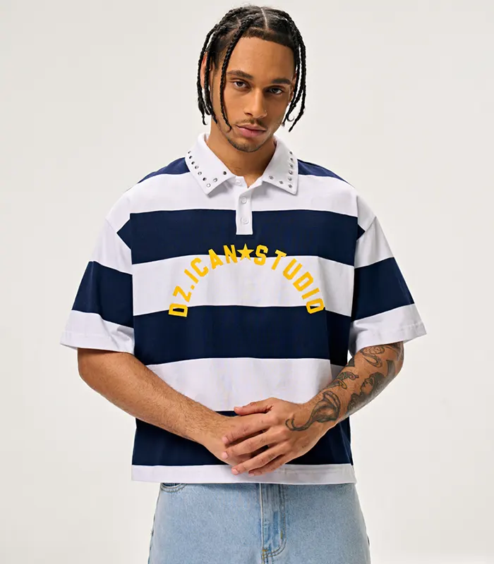 Production 103 Custom blue and white striped polo t-shirt with yellow print