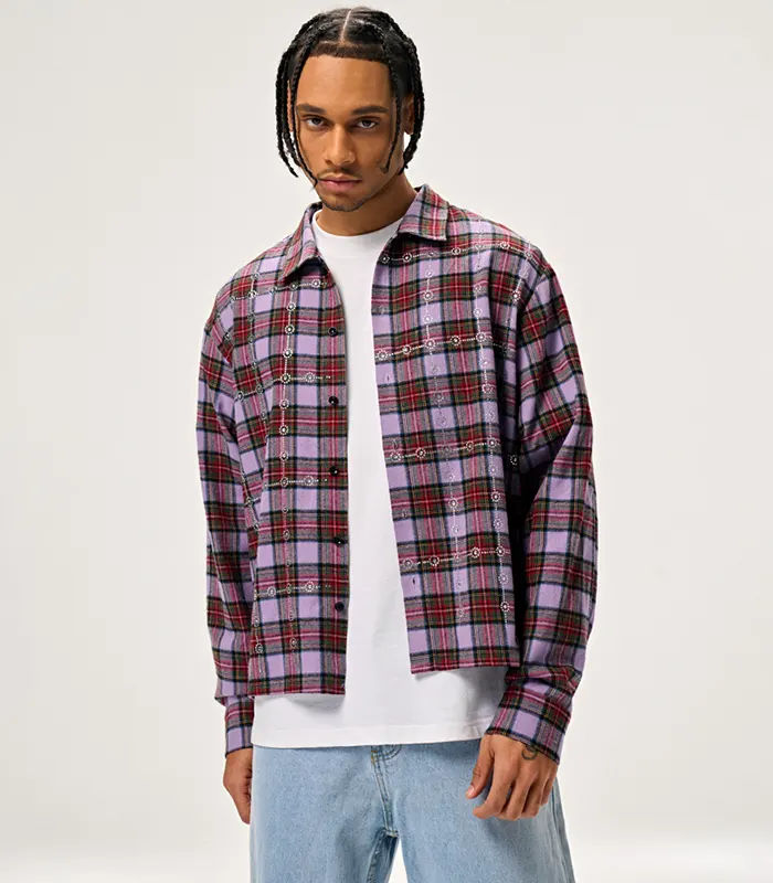 Production 109 Custom men’s plaid shirt with stone embellishment