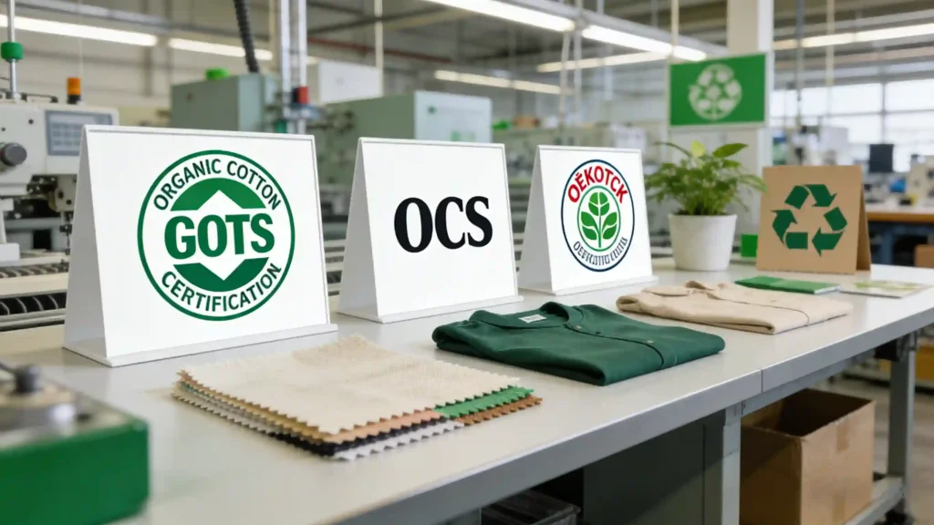 GOTS OCS and OEKO TEX certification logos displayed on organic cotton fabric swatches and apparel samples in a modern factory setting professional B2B style with subtle green eco elements