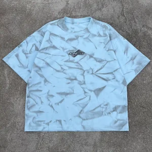 Flat lay front view of the white custom vintage graphic streetwear tee highlighting the ribbed crewneck