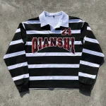black white striped rugby polo shirt front view