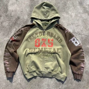 Vintage Distressed Streetwear Zip Hoodie – Retro Colorblock Oversized Graphic Sweatshirt