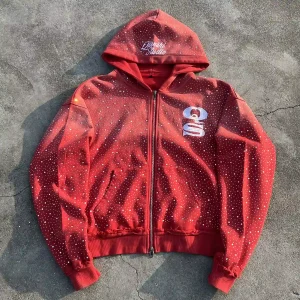 Custom Vibrant Red Washed French Terry Hoodie with All-Over Rhinestone & Embroidery