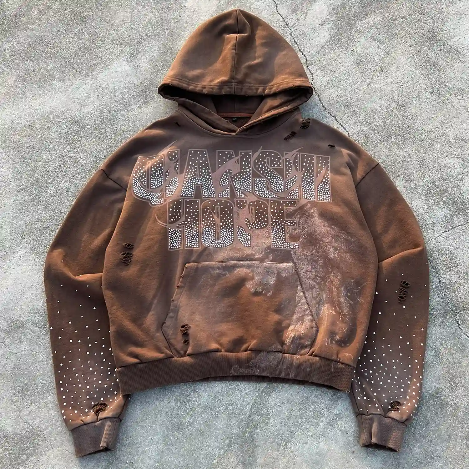 Front view of custom Y2K rhinestone distressed hoodie manufactured by Qianshiwear