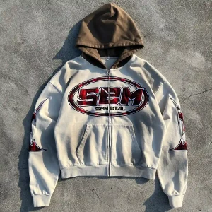 Y2K Vintage Splicing Washed Zip-Up Hoodie | Plaid Star Appliqué