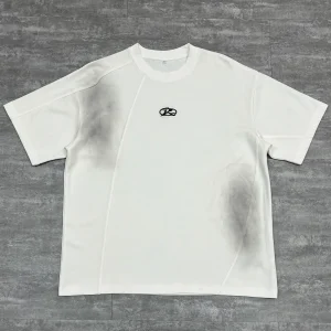 Flat lay front view of the taupe 250GSM custom embroidered cut and sew t-shirt highlighting the diagonal seam
