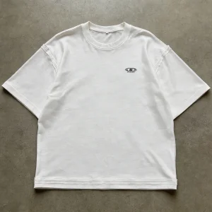 Hanging front view of the best 260GSM custom vintage washed puff print tee in faded grey