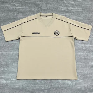 Flat lay front view of the best 280GSM custom v-neck embroidered oversized t-shirt in beige