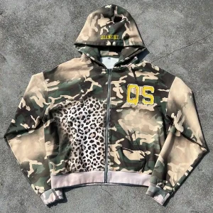Flat lay front view of the best-selling 380GSM custom washed camo zip up hoodie highlighting leopard print panel