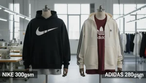 Photorealistic 16:9 image of Nike and Adidas heavyweight hoodies and T-shirts displayed side-by-side on industrial mannequins in a modern apparel factory, urban streetwear vibe with subtle GSM labels (300gsm Nike vs 280gsm Adidas) overlaid, high-detail fabric textures, soft studio lighting, professional B2B product photography style, 2026 fashion trends