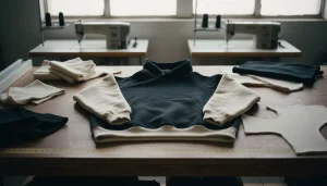 a premium heavyweight oversized hoodie in muted black and cream tones laid flat on a wooden cutting table