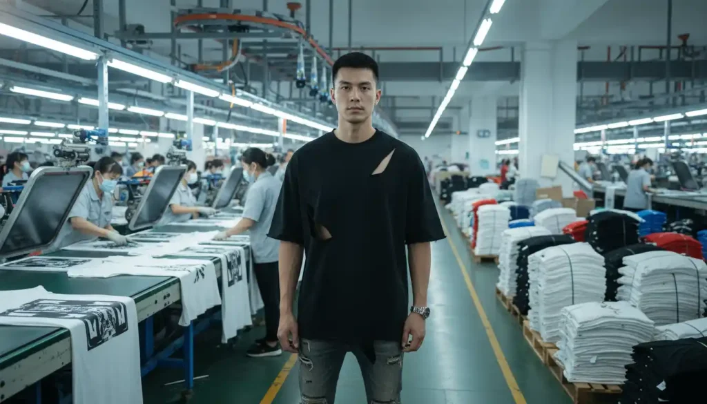 Top 8 Qualities of a Professional T-Shirt Manufacturer in China 18 a bustling professional t-shirt manufacturing factory in Guangzhou, China