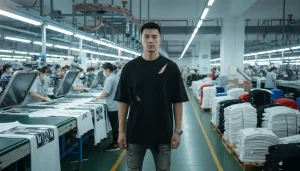 a bustling professional t-shirt manufacturing factory in Guangzhou, China