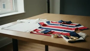 two premium polo shirts side by side on a clean oak table under soft natural window light — left is classic Ralph Lauren style with embroidered pony logo in navy on crisp white Pima cotton mesh fabric, right is Tommy Hilfiger style with bold flag logo on textured cotton pique in red-white-blue accents, fabric swatches and measuring tape nearby, sharp detail, professional studio feel, no text or logos added.