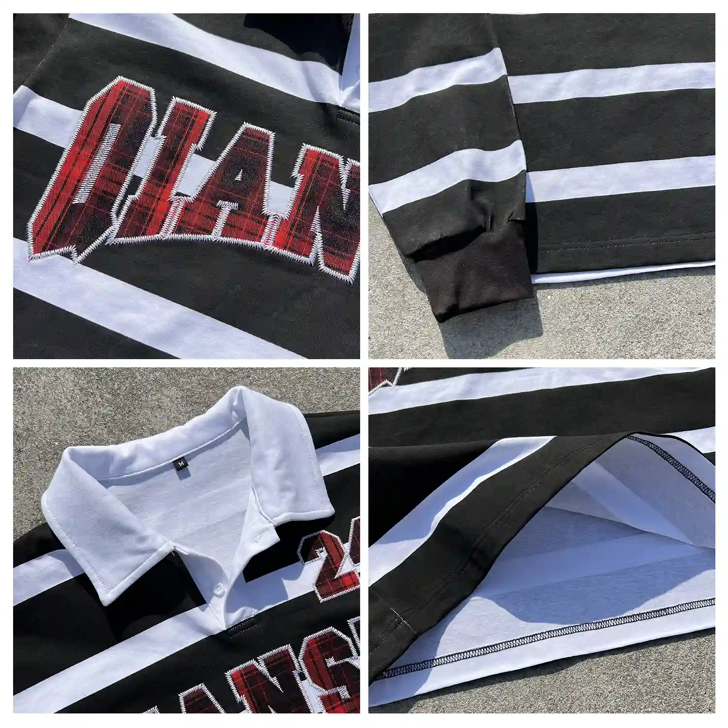 black striped polo shirt with white collar close up