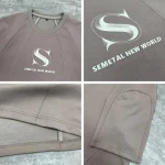 Detail collage of the custom cut and sew streetwear t-shirt showing embroidery, print, and double-needle seams