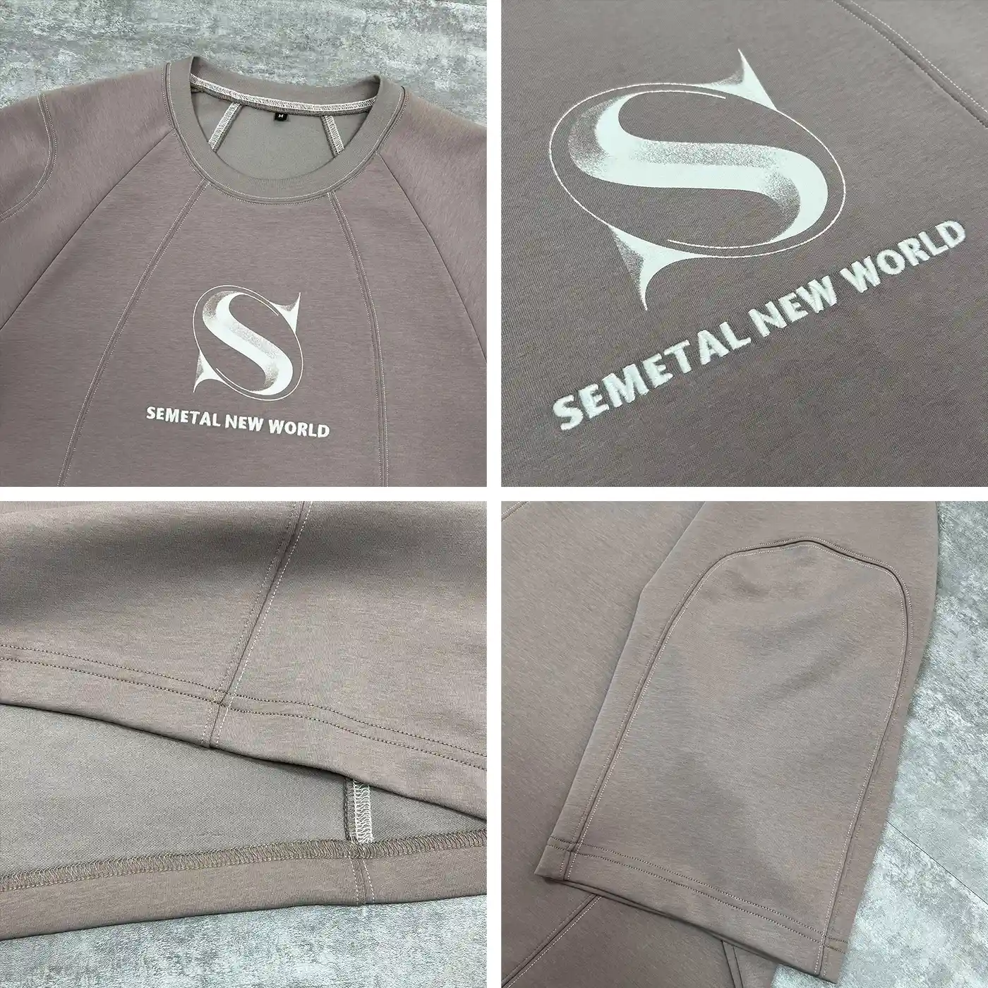 Detail collage of the custom cut and sew streetwear t-shirt showing embroidery, print, and double-needle seams