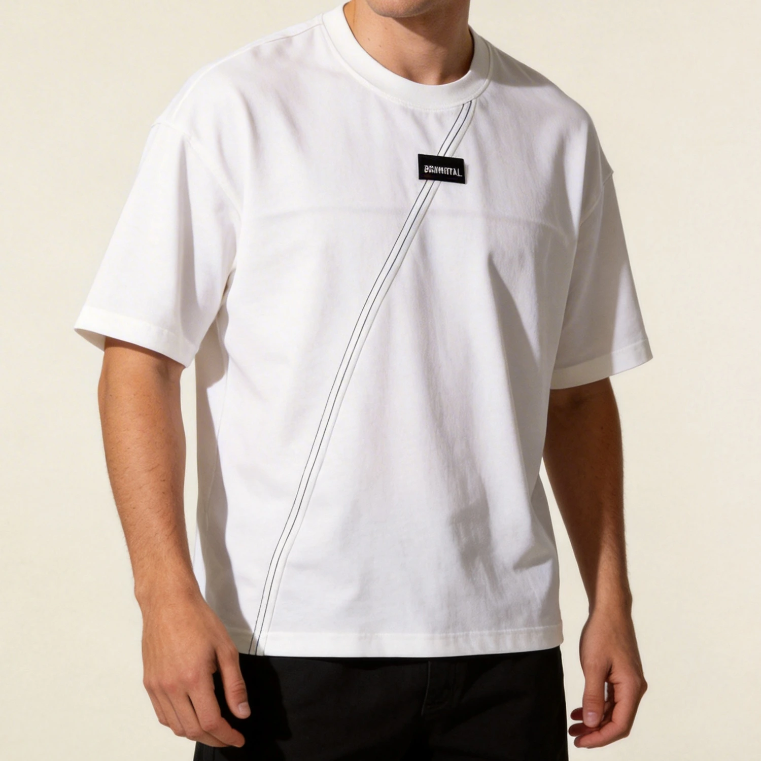 Best-Selling 250GSM Custom Woven Label Oversized T-Shirt 5 Front angled view of model wearing minimalist streetwear supplier t-shirt with diagonal architectural line