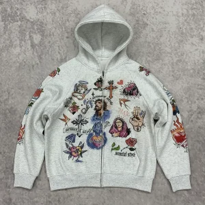 Front view of custom graphic zip up hoodies wholesale with tattoo motifs