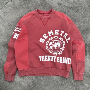 Front flat lay view of faded red custom vintage wash sweatshirt for streetwear brands.