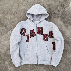 Front flat lay of heather grey custom applique zip up hoodie for streetwear brands.