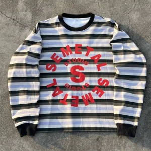 Flat lay front view of oversized custom striped long sleeve tee for OEM buyers.