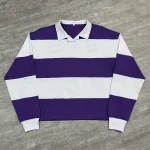Front flat lay of purple and white custom striped polo shirt for B2B wholesale.