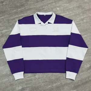 Front flat lay of purple and white custom striped polo shirt for B2B wholesale.