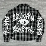 Close up of chest pocket and embroidery on custom oversized mesh shirt.