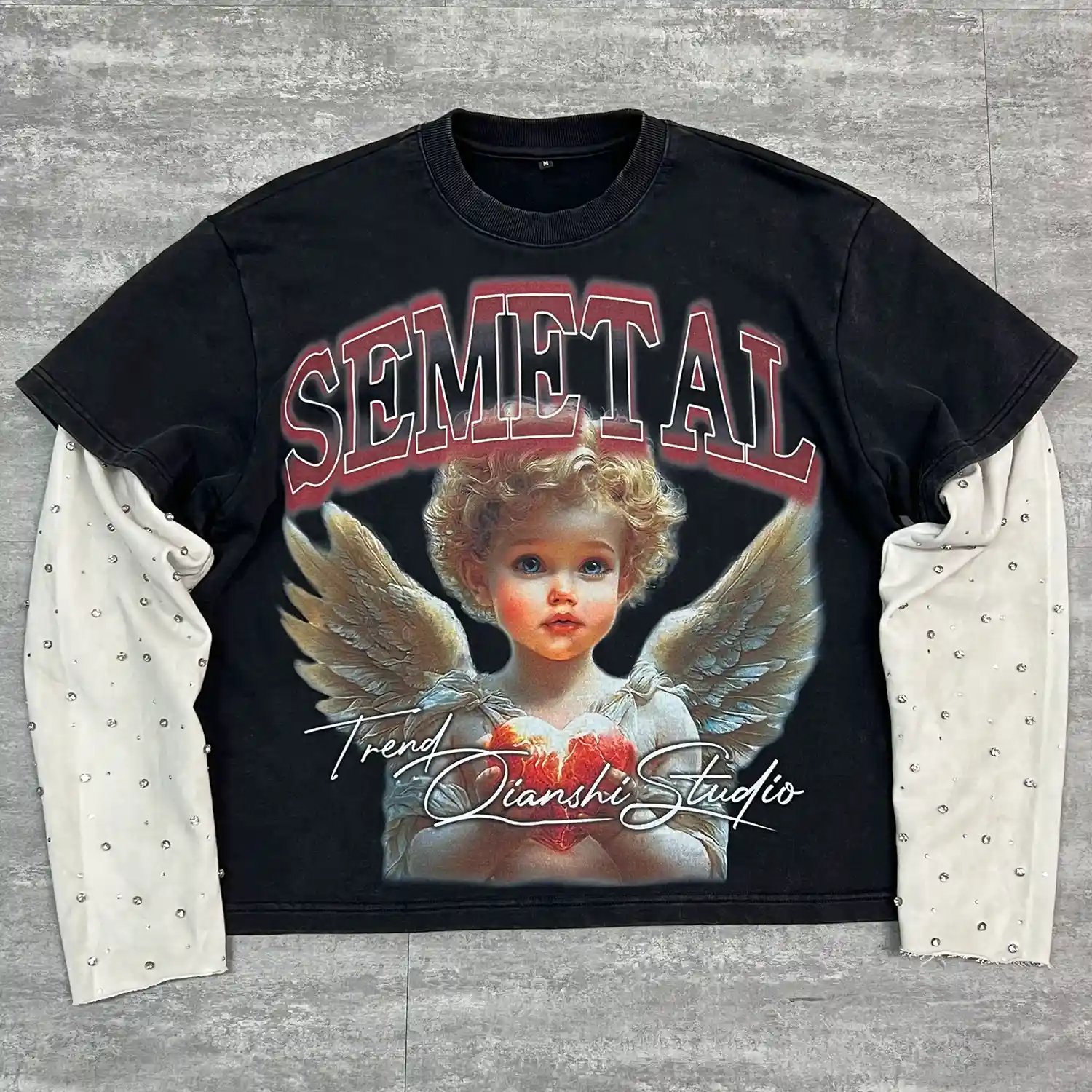 Front view of cream custom oversized mesh shirt with dark contrast stitching.