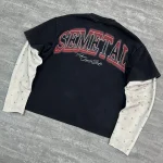 Close up of back neck logo embroidery on custom oversized mesh shirt.