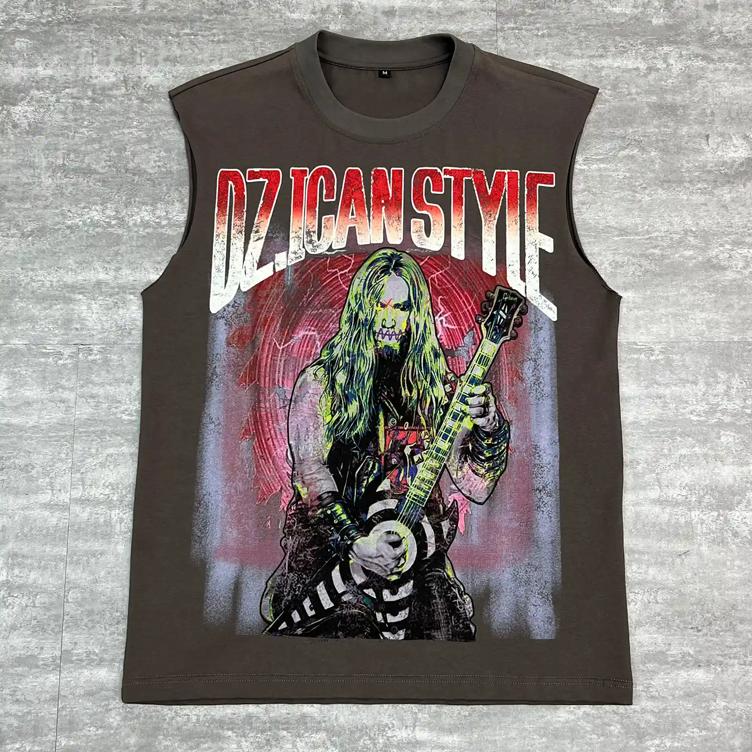 Front flat lay view of white custom oversized graphic tank with red vintage print.