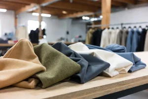 Photorealistic professional factory photography showing multiple folded sustainable fabric swatches for streetwear hoodies — organic cotton fleece, hemp-cotton blend, recycled polyester microfleece, and Tencel french terry — arranged on a wooden workbench under natural light, with sample heavyweight hoodies visible in the background. Clean, premium industrial aesthetic, 16:9 composition.