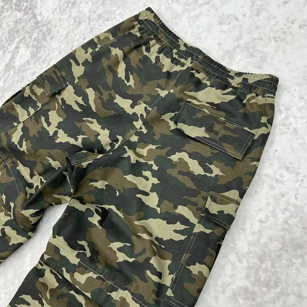 custom camo cargo pants elastic waistband and rear pocket detail