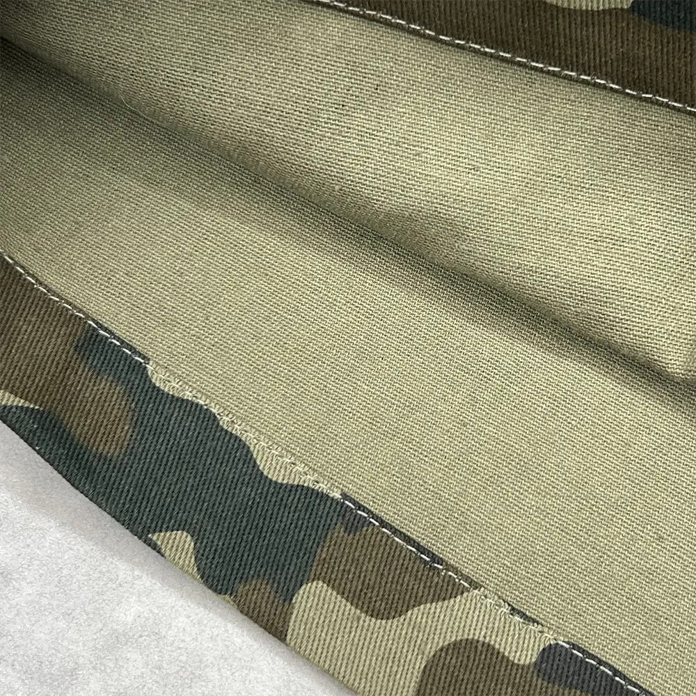 custom camo cargo pants inner seam and twill fabric detail