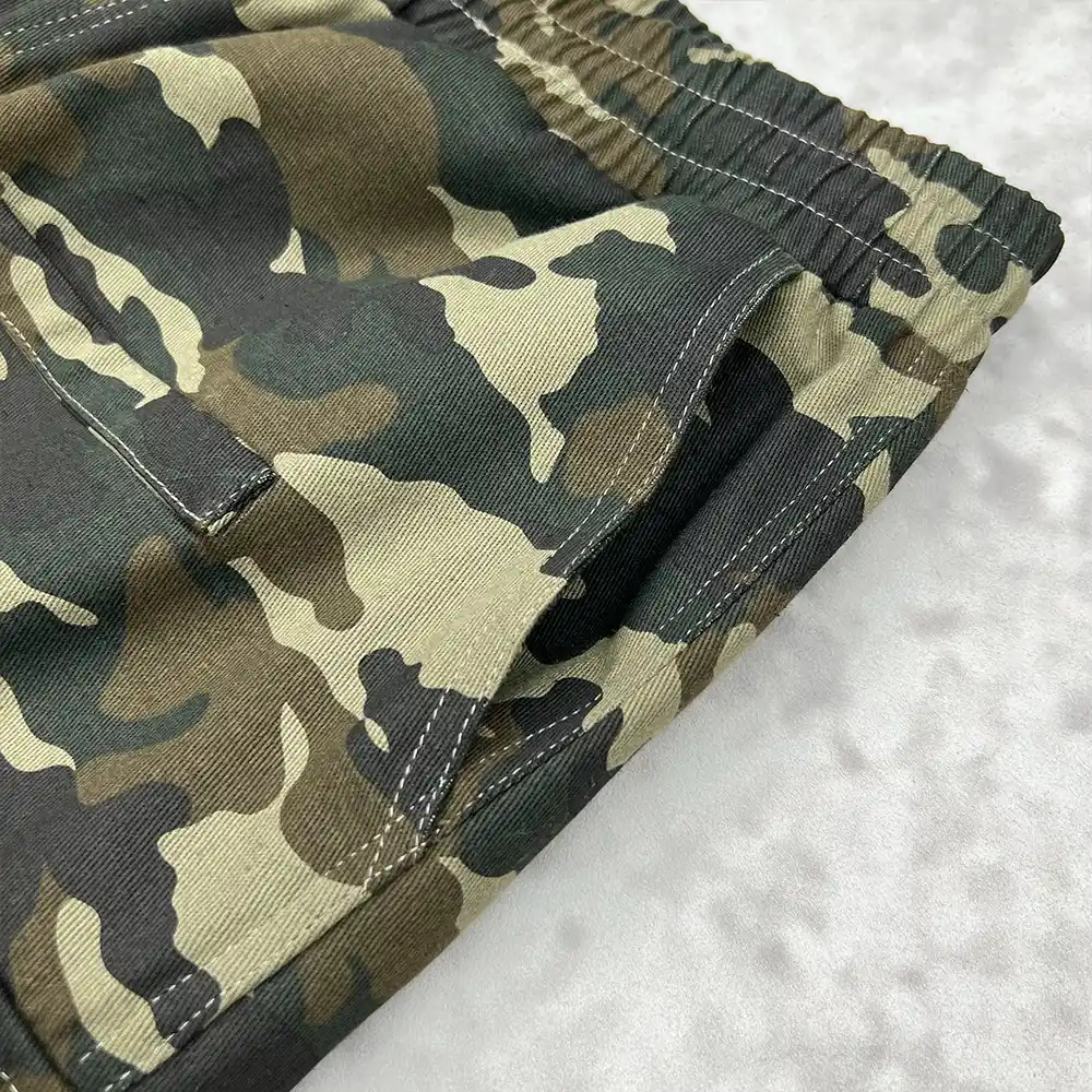 custom camo cargo pants waistband and side pocket close up