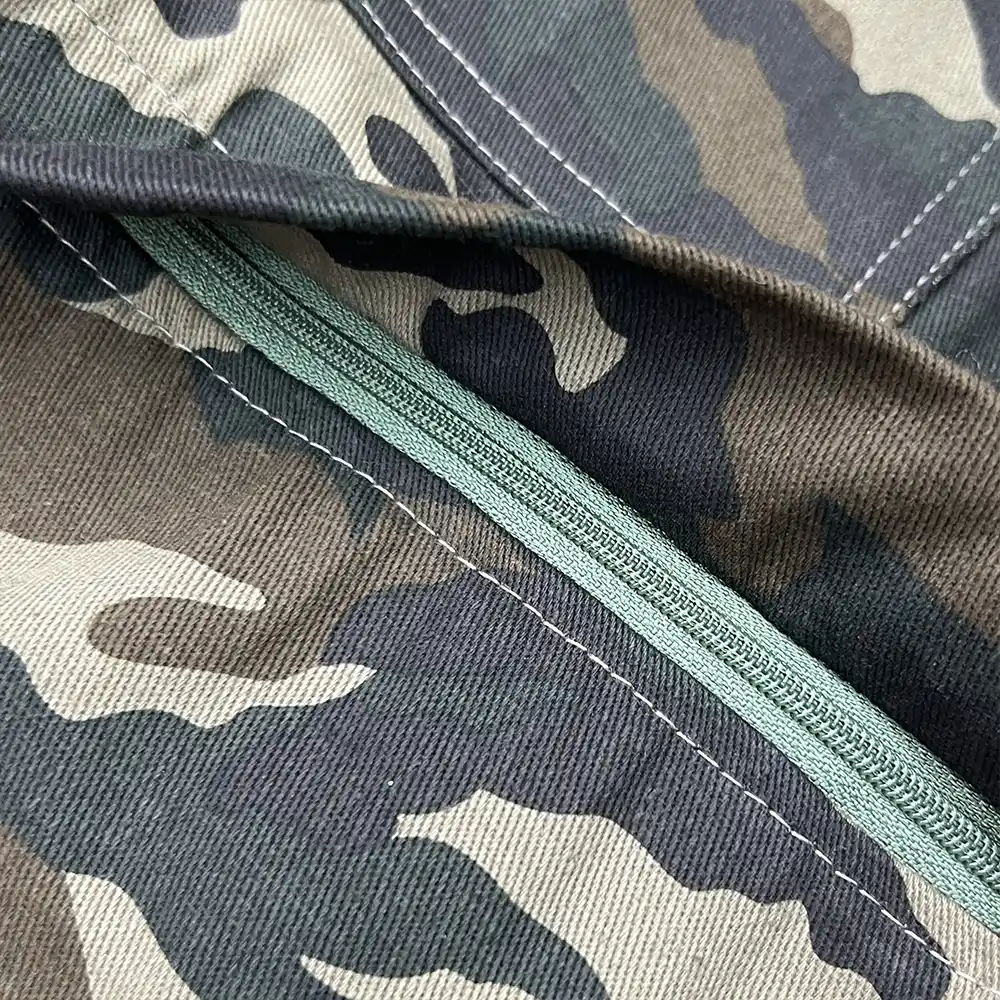 custom camo cargo pants zipper off leg construction close up