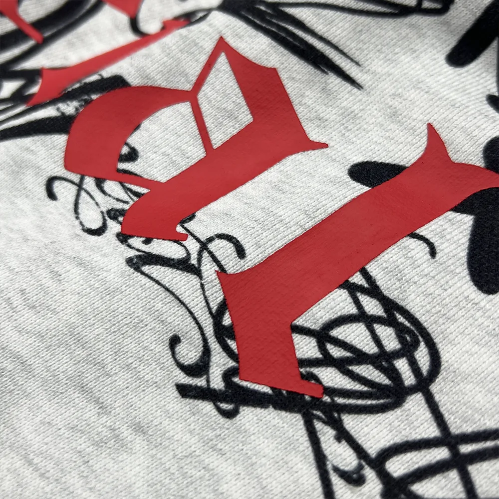 custom graffiti sweatpants raised red print close up