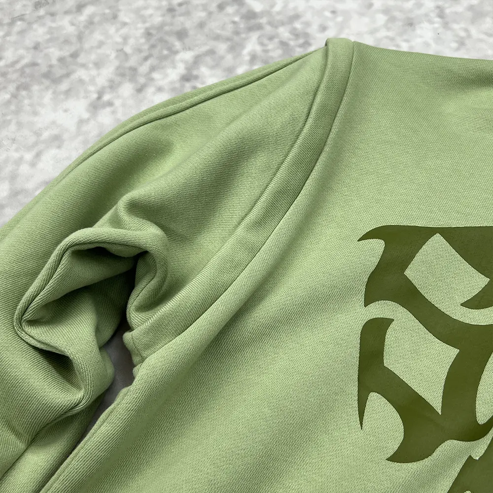 custom half zip hoodie sleeve seam and chest print detail