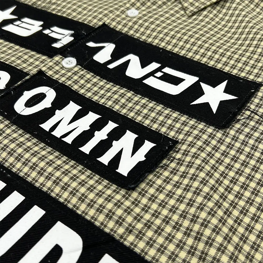 Custom Plaid Shirt, 3 Smart Patch Logo Details 5 custom plaid shirt black applique patch and button detail