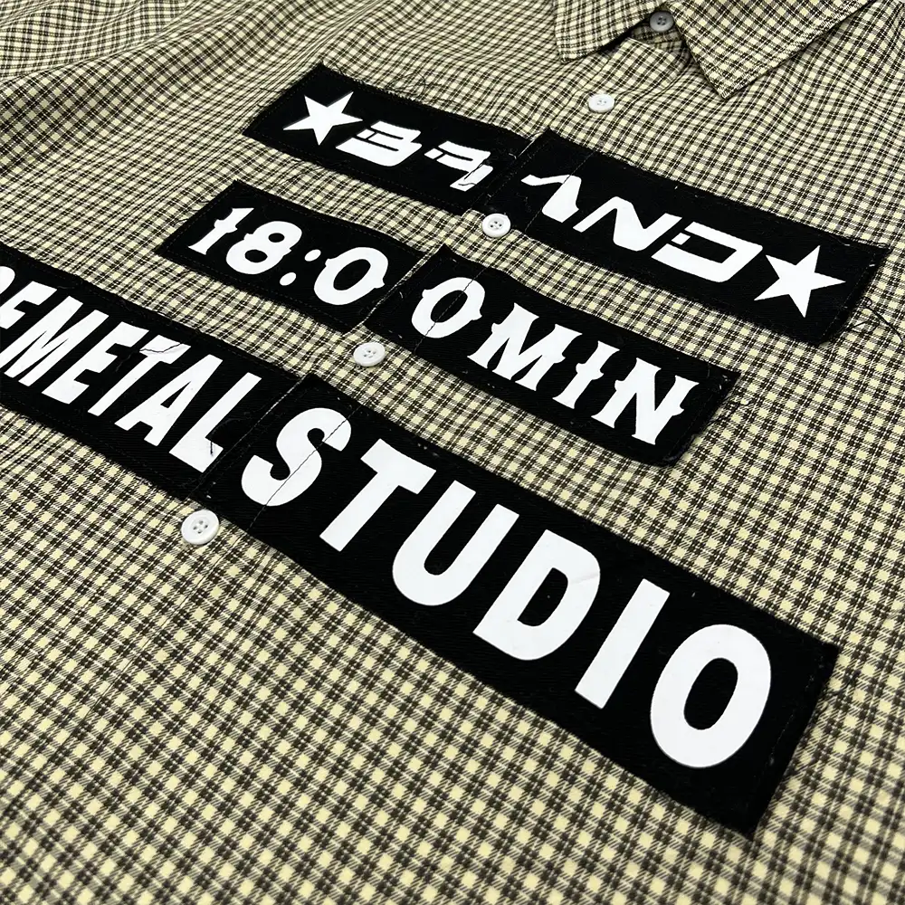 custom plaid shirt close up of patch logo printing