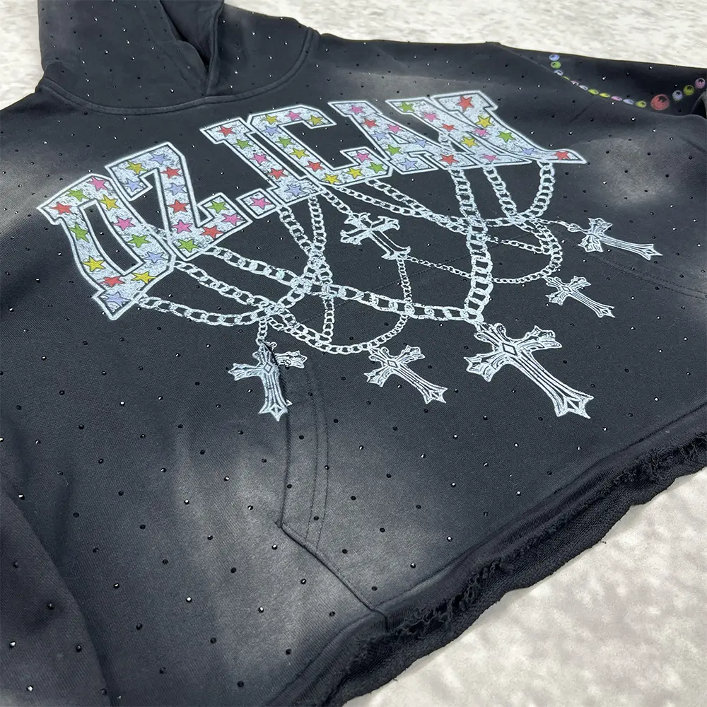 custom rhinestone hoodie cropped graphic front print close up