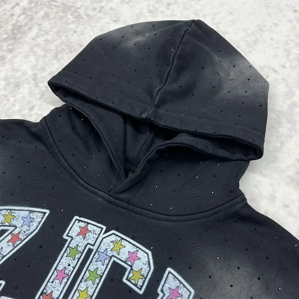 custom rhinestone hoodie hood and rhinestone placement detail