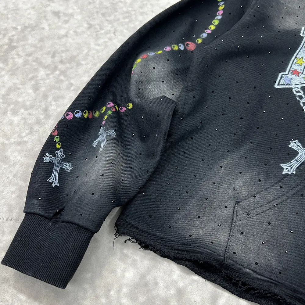 custom rhinestone hoodie sleeve print and rib cuff detail