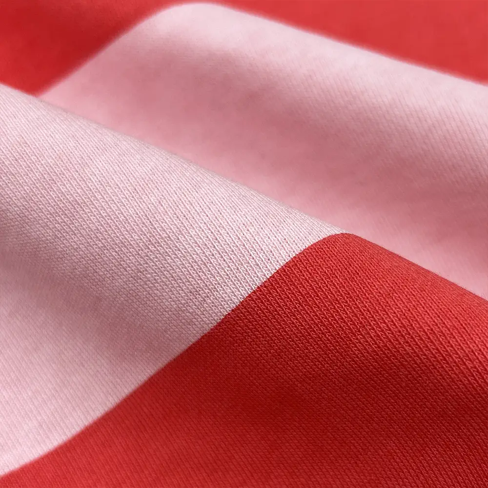 custom rugby polo shirt red pink stripe fabric close up