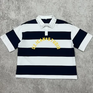 Custom Striped Polo Shirt Studded Collar Tee