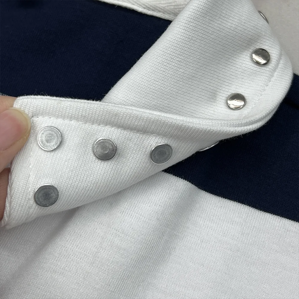 custom striped polo shirt underside snap rivet collar construction