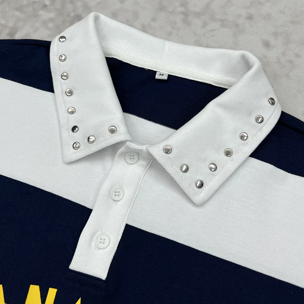custom striped polo shirt white rivet collar and button placket close up